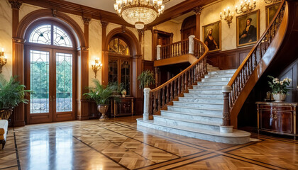 Obraz premium Living room interior of a rich mansion in Art Nouveau style, parquet, wood, marble. Generated by AI.