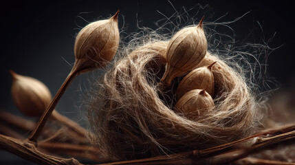 Fluffy cotton thread macro with visible micro-strands, side lighting, soft shadows, clean neutral background