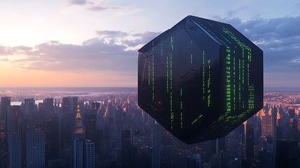 A semi-glossy black hexagon with green matrix-style lines floating over a city skyline at dusk, with dynamic lighting and shadow play,