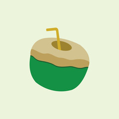 Coconut cocktail with straw flat icon isolated on green background. A young coconut that has been opened with a straw and is ready to drink. A typical drink from the coastal area, 