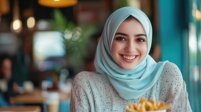 A smiling young woman in a light blue hijab enjoys french fries at a cafe.