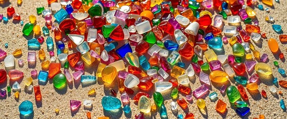 Scattered multicolored glass shards gleam on sunlit sand, creating abstract patterns, glass shards, sand texture