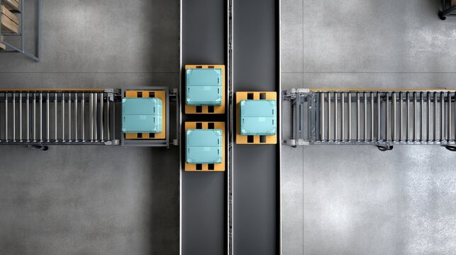 An overhead perspective capturing multiple smart pallets with integrated sensors rolling in sync on a conveyor highlighting efficient logistics operations in an industrial setting. - Powered by Adobe