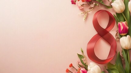 Honoring women's achievements with flowers and ribbons on Women's Day