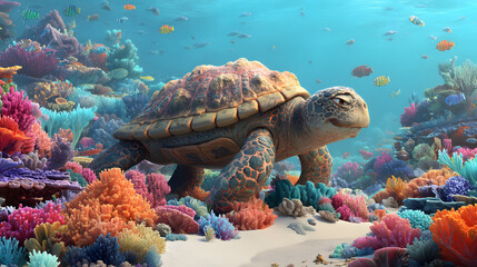 3d cartoon Of a giant sea turtle walking