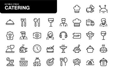 Editable stroke icon set representing catering and food service concepts, with clean black line illustrations of chefs, dishes, utensils, drinks, and serving elements on a white background.