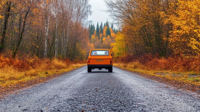 Fototapeta Vintage car drives down a winding road surrounded by autumn foliage