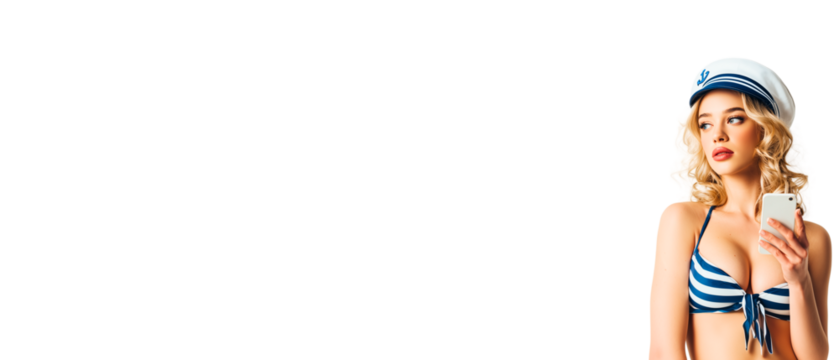 beautiful blond woman wearing white & blue stripes bikini, sailor hat and red lipstic & holding mobile phone; is looking a side like recommending great summer offer / sale; summer advertising corner - Powered by Adobe