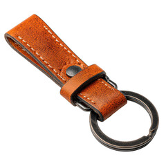 Orange leather keyring with metal ring isolated on transparent background