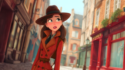 3d Cartoon Of a girl detective in vintage clothes