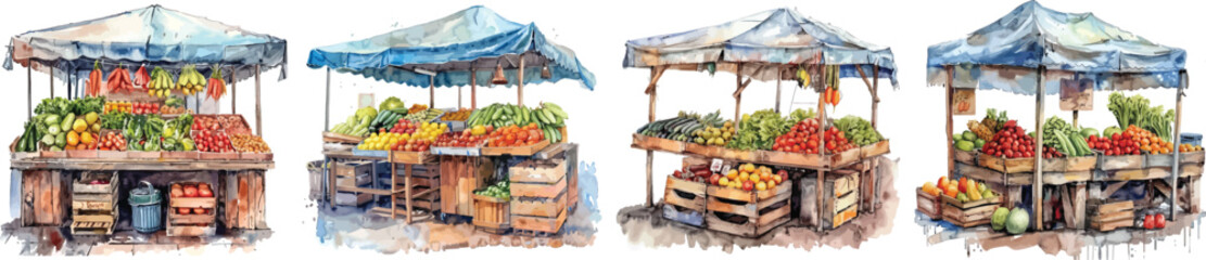 Watercolor Market Stalls Vector Illustration with Fresh Fruits and Vegetables.