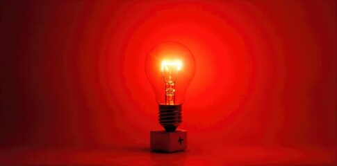 A bright incandescent light bulb glows intensely against a vibrant red backdrop Perfect for concepts of ideas, innovation, energy, and warning , spotlight, glow