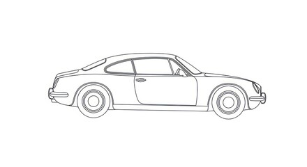 Fototapeta premium Side view of a classic car line drawing with rounded fenders and a sleek coupe design on white background