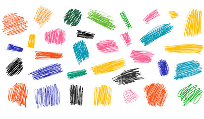 Bright hand-drawn grungy vector illustration, playful colorful scribble marks, charcoal pencil hatching, kids doodle scratches, textured sketch elements, creative childlike drawings, rough strokes.
