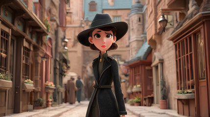 3d Cartoon Of a girl detective in vintage clothes