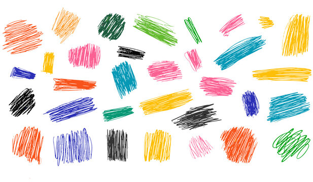 Bright hand-drawn grungy vector illustration, playful colorful scribble marks, charcoal pencil hatching, kids doodle scratches, textured sketch elements, creative childlike drawings, rough strokes.