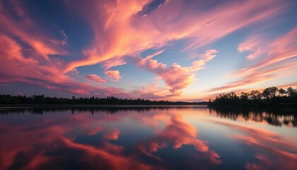 Obraz premium Serene twilight sky mirrored in calm water, vibrant colors, aesthetic, scenic