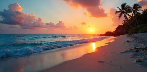 A serene beach scene at sunset, symbolizing the calm and peaceful lifestyle associated with achieving financial independence and escaping the daily grind , horizon, waves