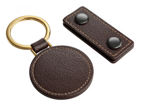 Brown leather keychain with detachable snap tab isolated on transparent background