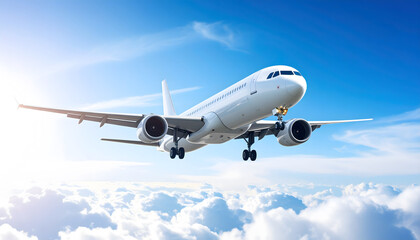 Fototapeta premium Large Airplane Ascending into Clear Blue Sky with Clouds