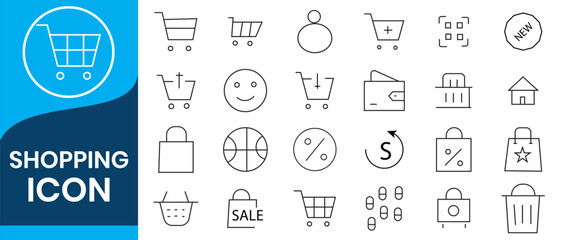 Shopping icon set. Containing basket, shopping cart, discount, online shopping, sale, client, delivery, wallet and shop. Solid vector icons collection.