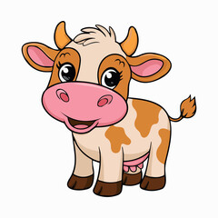 Fototapeta premium Adorable cartoon calf illustration happy cute farm animal cow dairy fun kid baby milk horn tail young brown white spots