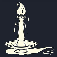 Vintage Candle Vector Illustration with Melting Wax and Flame Silhouette