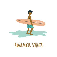Young hispanic male surfer carrying surfboard on beach illustration.