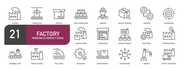 Set of line icons related to factory, industry, manufacture, product. Outline icons collection. Editable stroke. Vector illustration