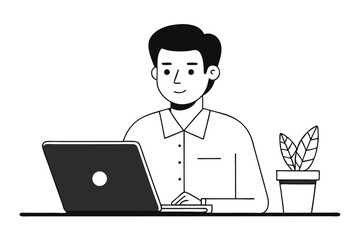 Focused man working on laptop computer white shirt isolated on transparent background