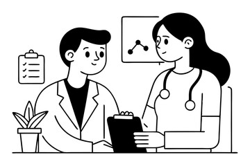 Line art drawing of doctor consulting patient isolated on transparent background