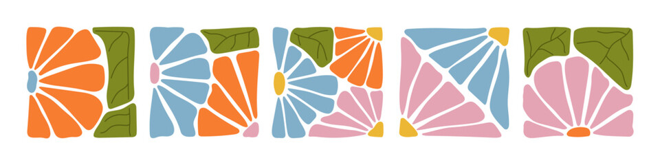 A collection of colorful abstract floral patterns in square frames. Hand-drawn botanical elements in modern boho style. Perfect for textile design, paper crafts, digital projects, and decoration.