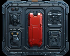 A dark gray metallic panel displays various technological components, including a central red rectangular device and smaller, surrounding modules.  The overall aesthetic is futuristic and industrial