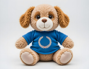 A classic full-body plush toy of an adorable brown and white puppy, sitting front-facing and wearing a blue t-shirt adorned with a delicate wreath design, all against a clean white background.