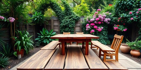 Obraz premium Rustic wooden dining table set amidst lush garden greenery, spring, meal