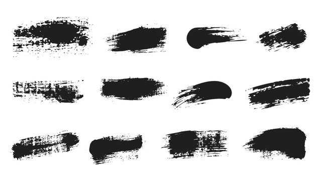 Black paint texture set, mascara smudge strokes, eye pencil squiggle marks, messy dirty swatch stains, grungy brushstroke scribbles, Asian ink rush stroke blot elements, vector illustration.