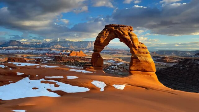 Winter sunlight casting soft shadows on snow covered red sandstone arch, revealing intricate geological details of Delicate Arch within Arches National Park panorama