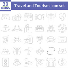  Travel and Tourism set of web icons in line style.Travel and vacation icons for web and mobile app. Airport, tickets, tour, relax, hotel, recreational rest, service.