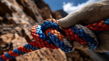 Close up of gloved hand holding colorful climbing rope knot on mountain rock face