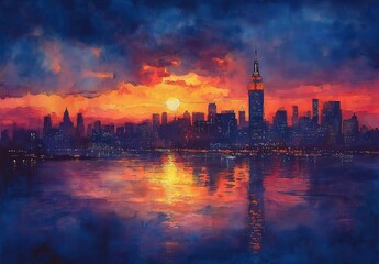 Obraz premium Panoramic view of city skyscrapers at sunset.