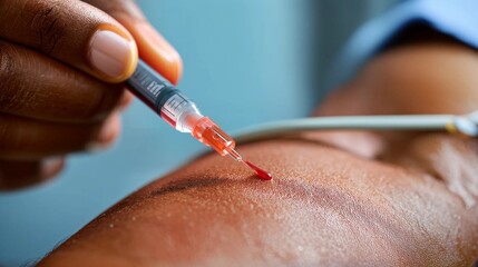 Close-up of syringe and needle with blood drop near arm vein for medical test