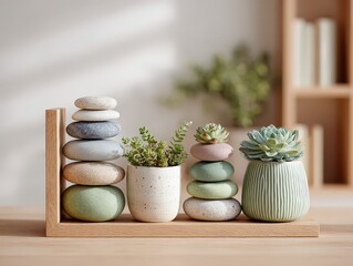 Stylish Succulent Display with Stacked Stones