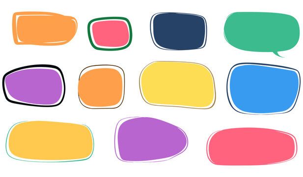 Organic shape frames, irregular form text boxes, cute playful doodle figures, freeform speech bubble collection, chat quote background sticker kit, colorful frame bundle, vector illustration.
