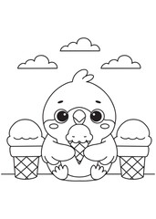 Coloring book parrot happily eating an ice cream cone 
