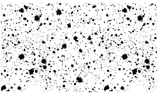 Black ink splatter spray seamless pattern, grunge dribble spatter on transparent background, vector illustration, gritty paint texture backdrop, abstract artistic splash.