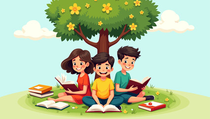 Smiling kids reading books while sitting under a tree, with books around, nature learning and outdoor education concept