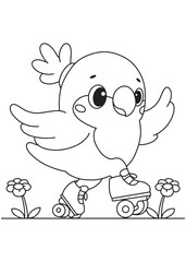 Coloring book parrot wearing cute glasses and roller skates, happily gliding along with sweet flowers