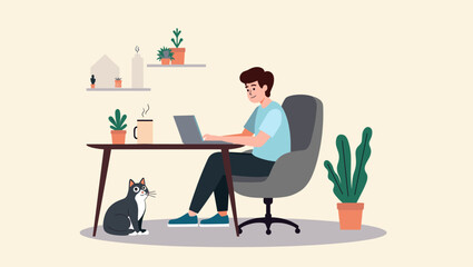 Young man working remotely on laptop at home, cat sitting beside desk, surrounded by plants, books and coffee mug