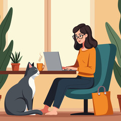 Young woman working from home on laptop with cat by her side, cozy indoor scene with plants, coffee, and casual remote work setup