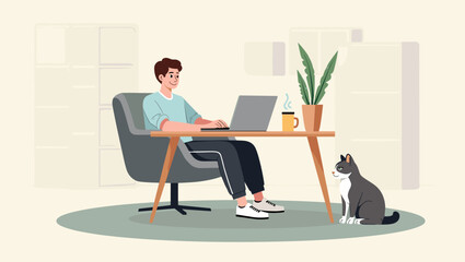 Man working on laptop at home with cat nearby, cozy indoor office setup with coffee mug, plant and relaxed atmosphere